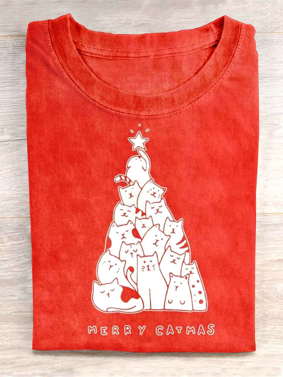 Unisex Christmas Cute Cat Print Casual T-shirt