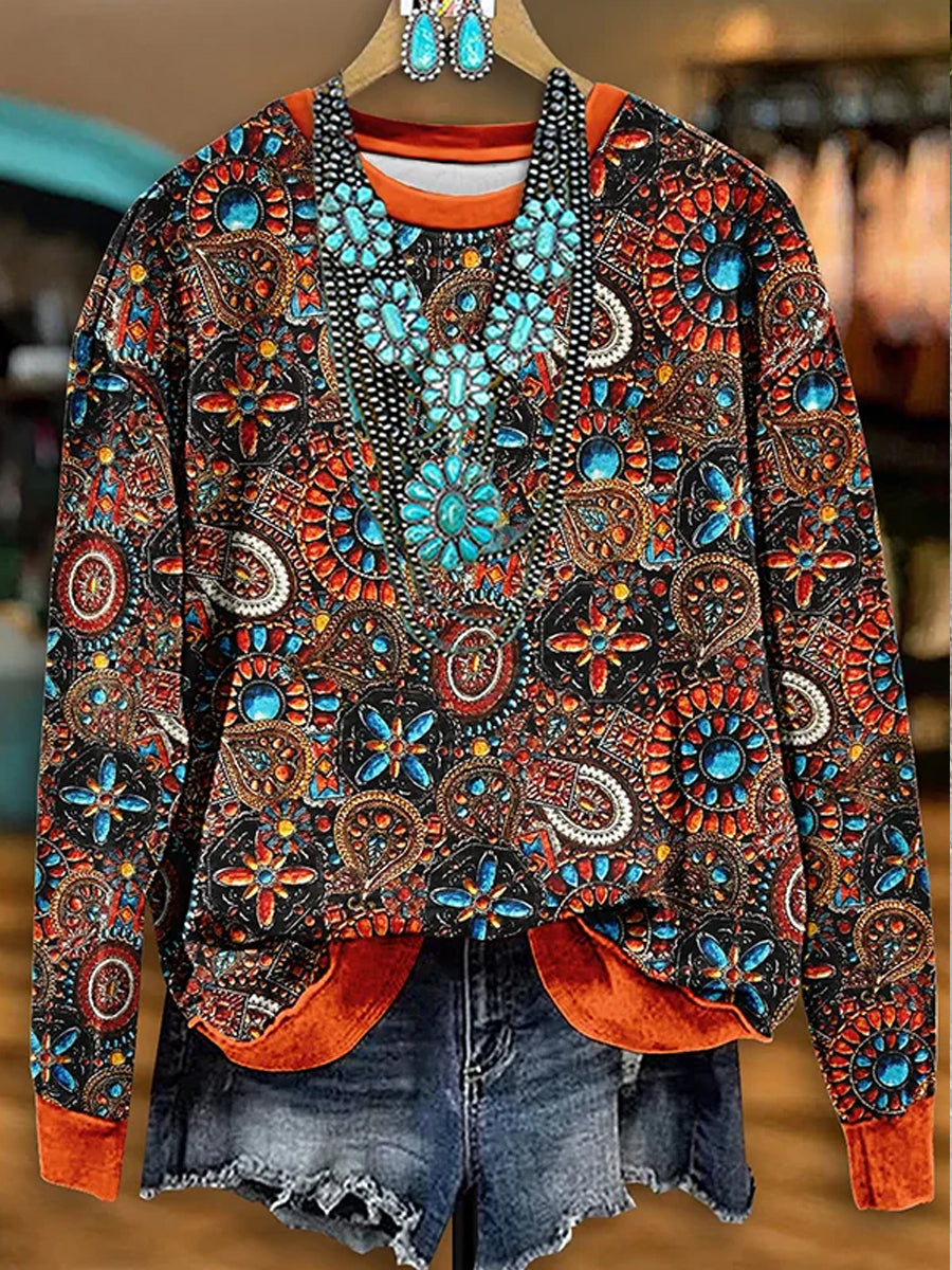 Women's Retro Western Pattern Print Casual Crewneck Sweatshirt