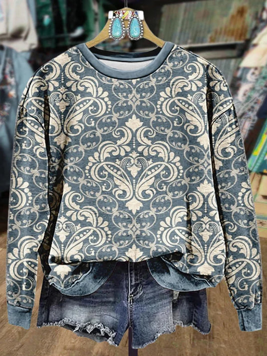 Women's Retro Ethnic Floral Print Casual Sweatshirt