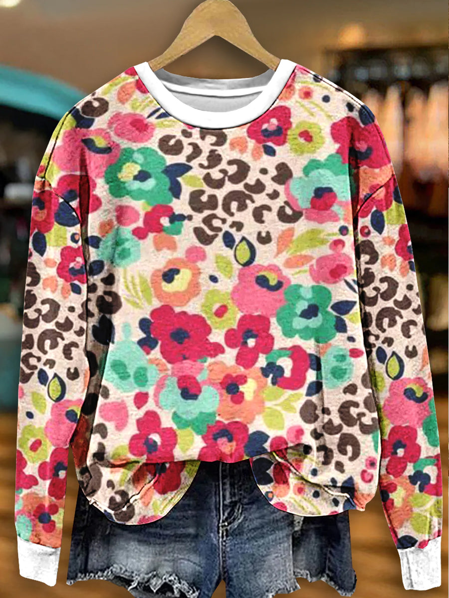 Women's Vintage Leopard Floral Print Casual Crewneck Sweatshirt