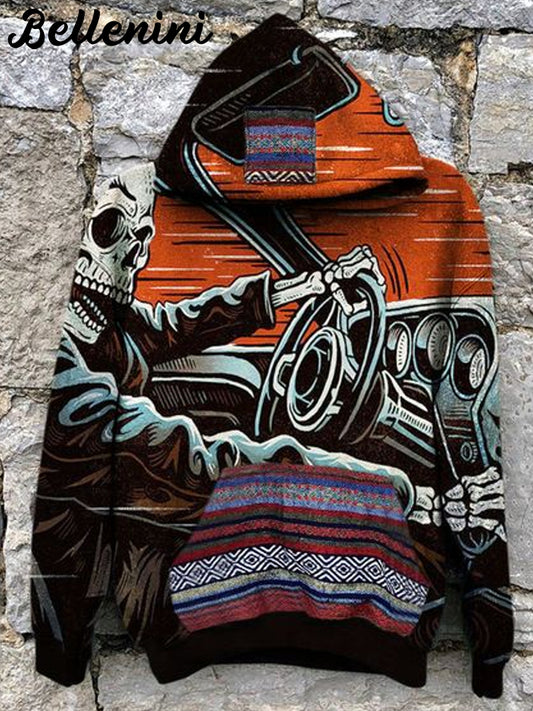 Unisex Retro Skull Art Illustration Printed Casual Hoodie