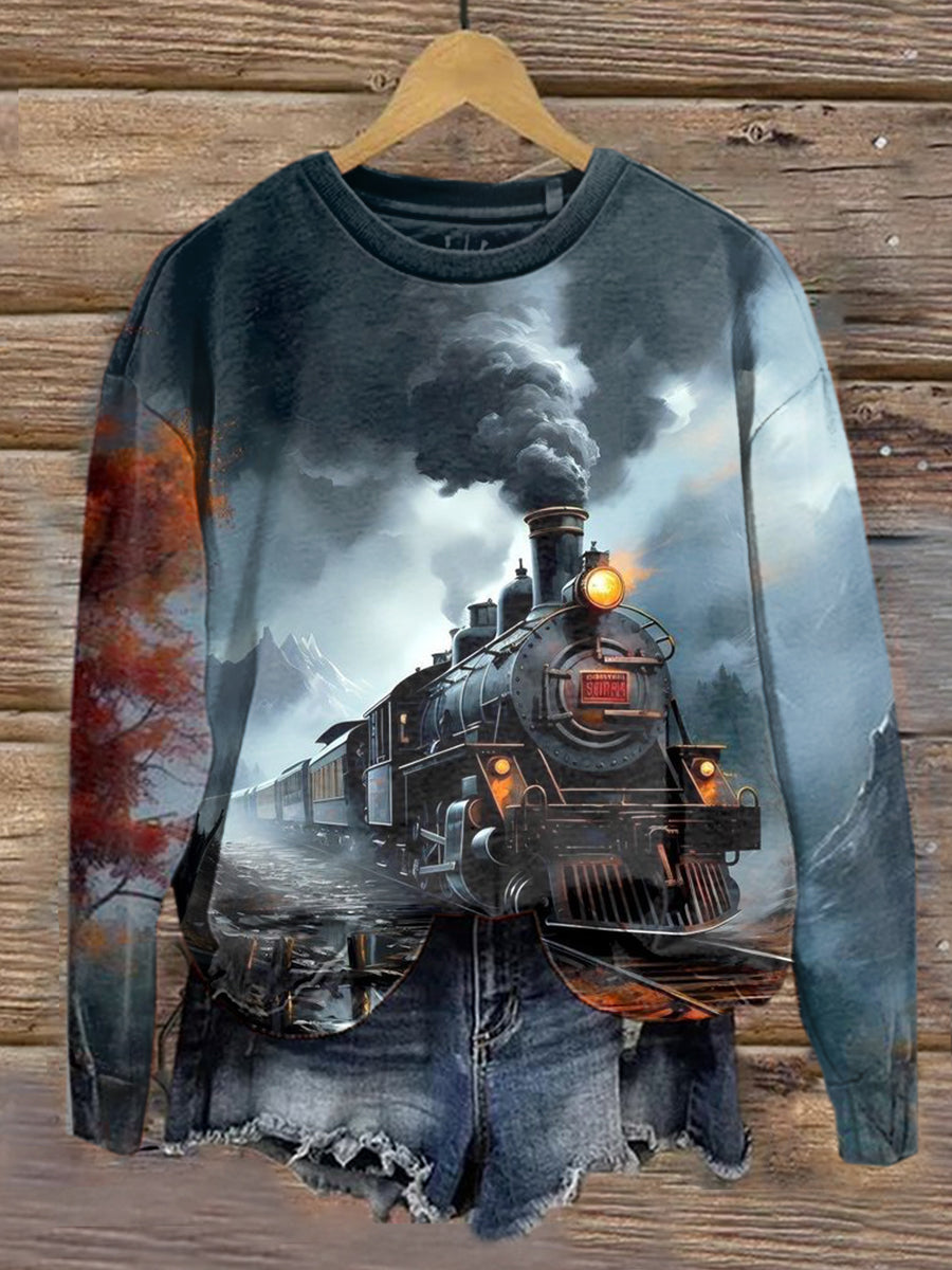 Unisex Retro Train Art Illustration Printed Casual Sweatshirt