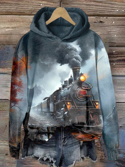 Unisex Retro Train Art Illustration Printed Casual Sweatshirt