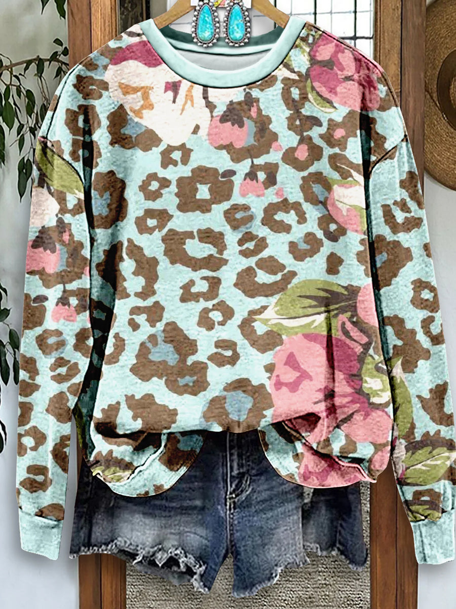 Women's Vintage Leopard Floral Print Casual Crewneck Sweatshirt