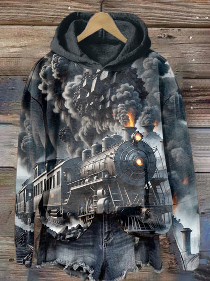 Unisex Retro Train Art Illustration Printed Casual Sweatshirt