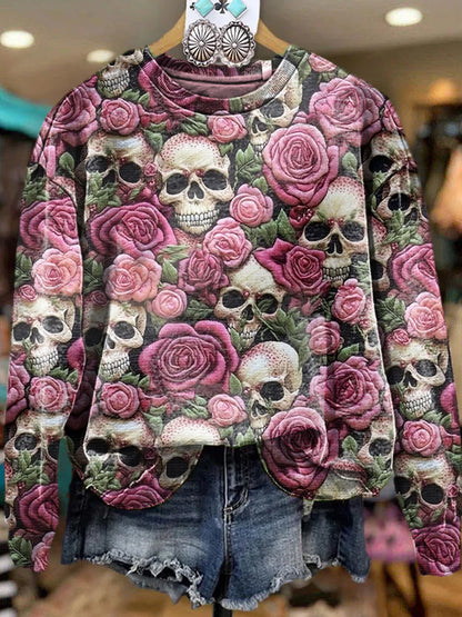 Women's Vintage Skull Floral Print Casual Sweatshirt