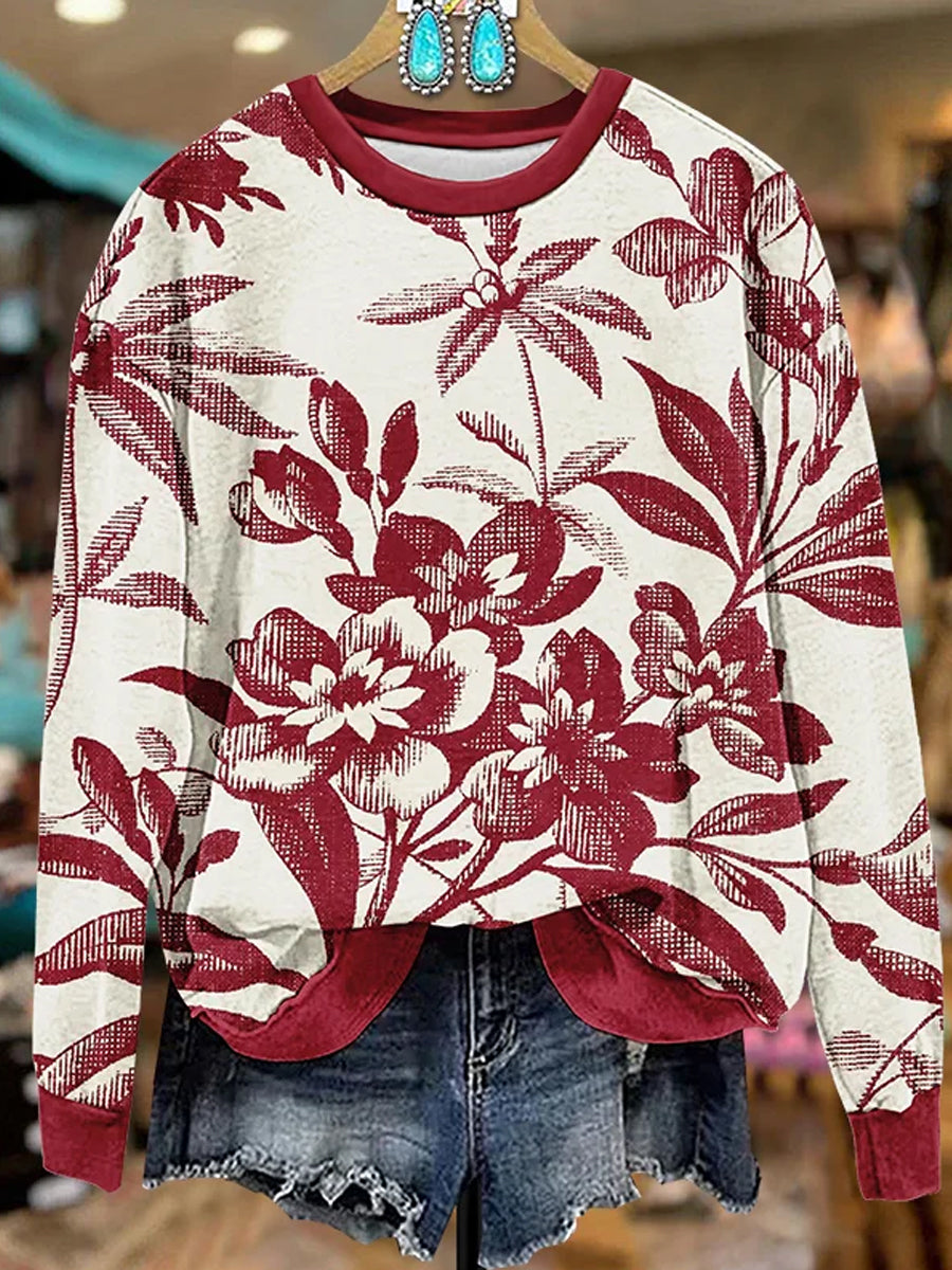 Women's Retro Floral Art Illustration Print Casual Crewneck Sweatshirt