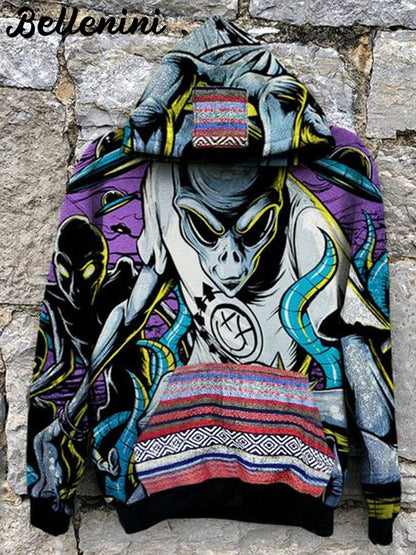 Unisex Retro Alien Art Illustration Print Casual Hoodie