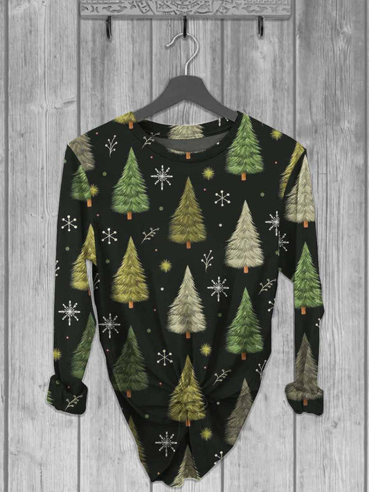 Christmas Tree Print Round Neck Casual Long Sleeve T-Shirt