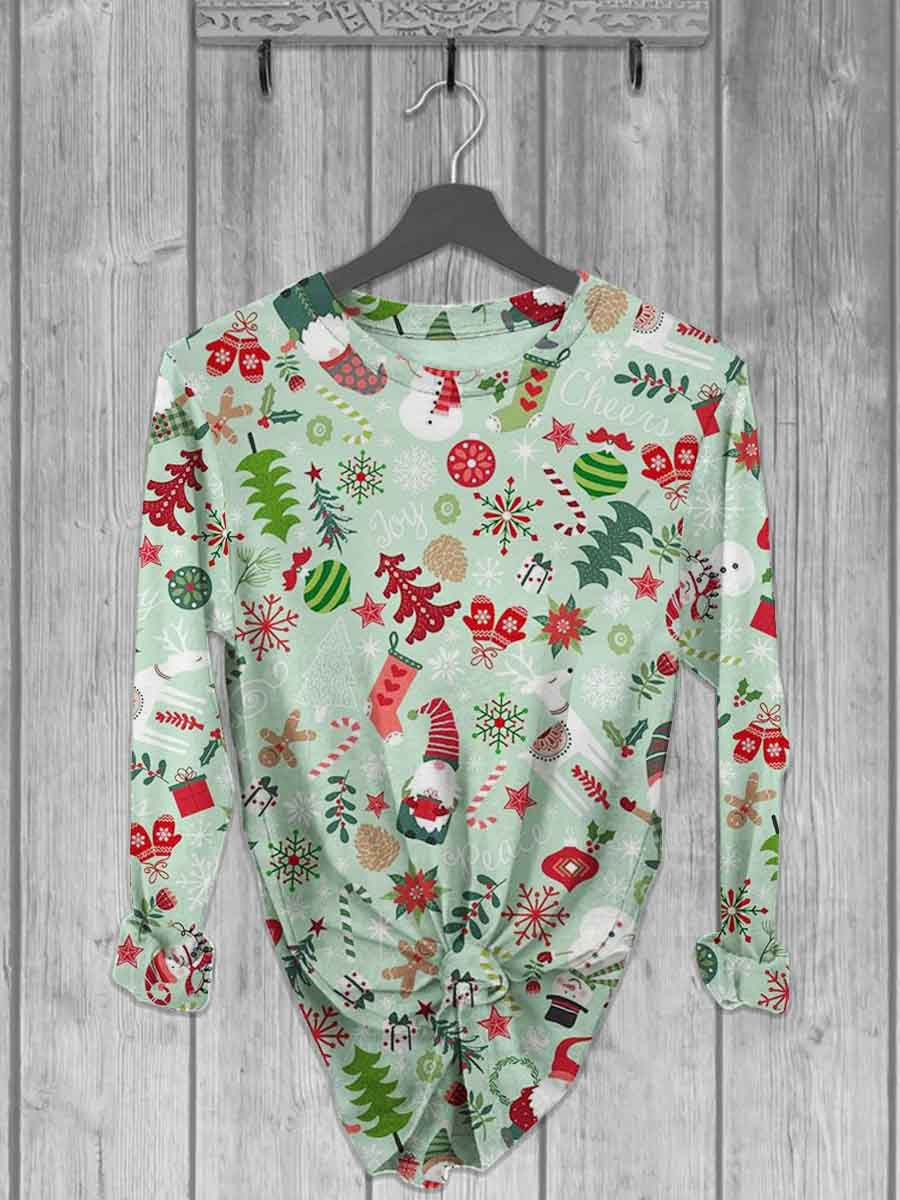 Christmas Gnome Printed Crew Neck Casual Long Sleeve T-Shirt