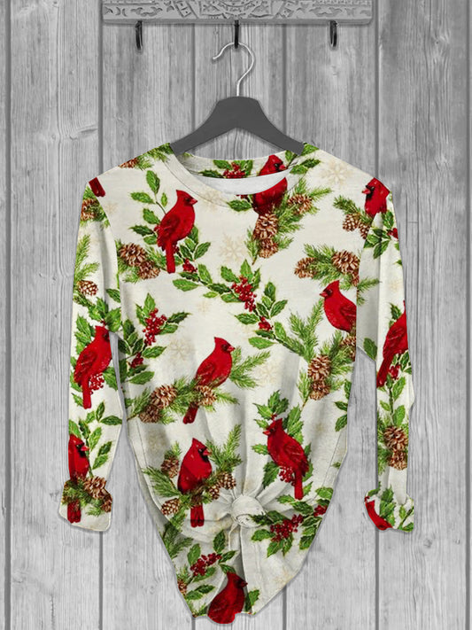 Christmas Red Bird Printed Round Neck Casual Long Sleeve T-Shirt