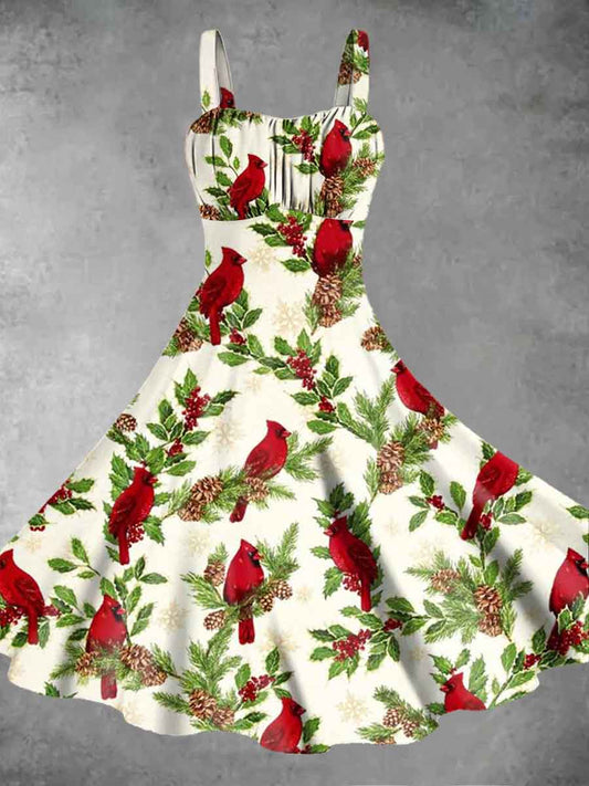 Women's Christmas Red Bird Printed Suspender Dress