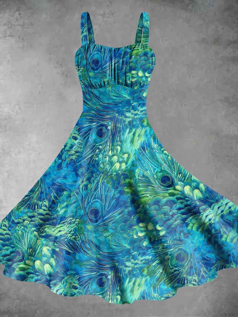 Women's Vintage Peacock Feather Print Sling Dress