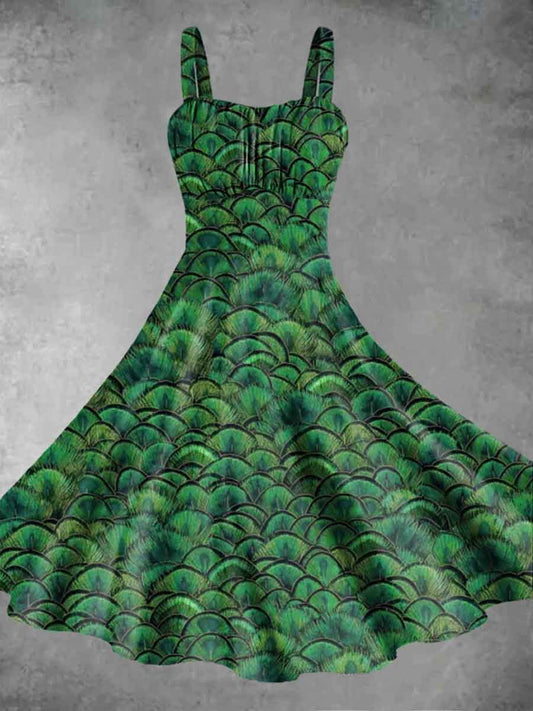 Women's Vintage Peacock Feather Print Sling Dress