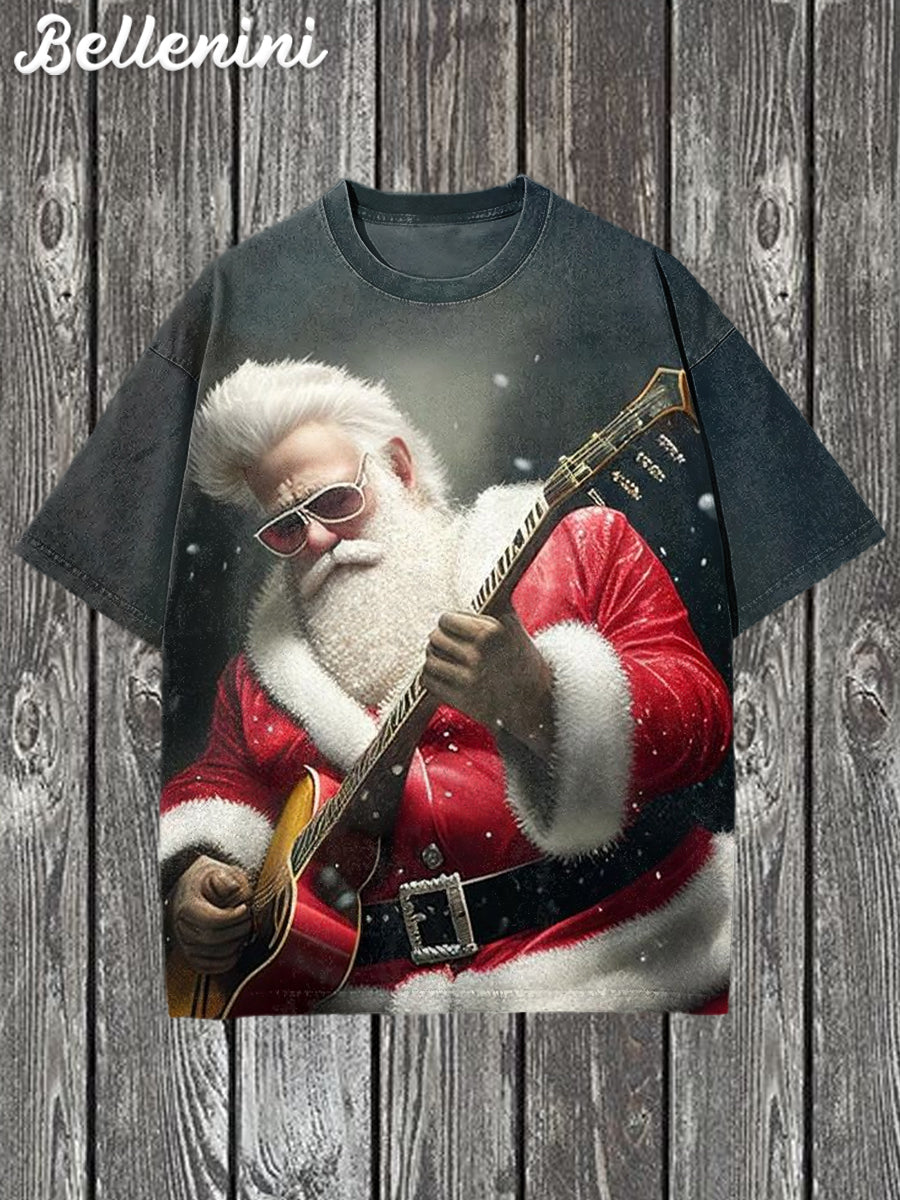 Unisex Retro Christmas Funny Santa Claus Illustration Printed Casual Cotton T-shirt