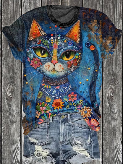 Unisex Vintage Cat Art Illustration Printed Cotton T-Shirt