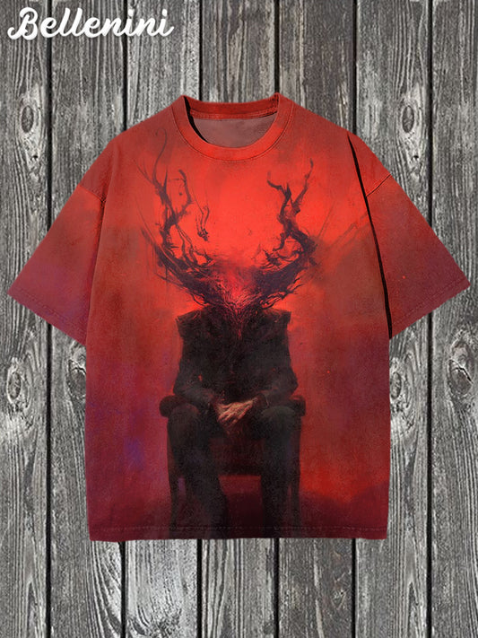 Unisex Vintage Halloween Demon Illustration Printed Casual T-shirt