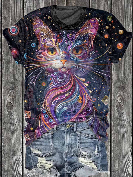 Unisex Vintage Cat Art Illustration Printed Cotton T-Shirt