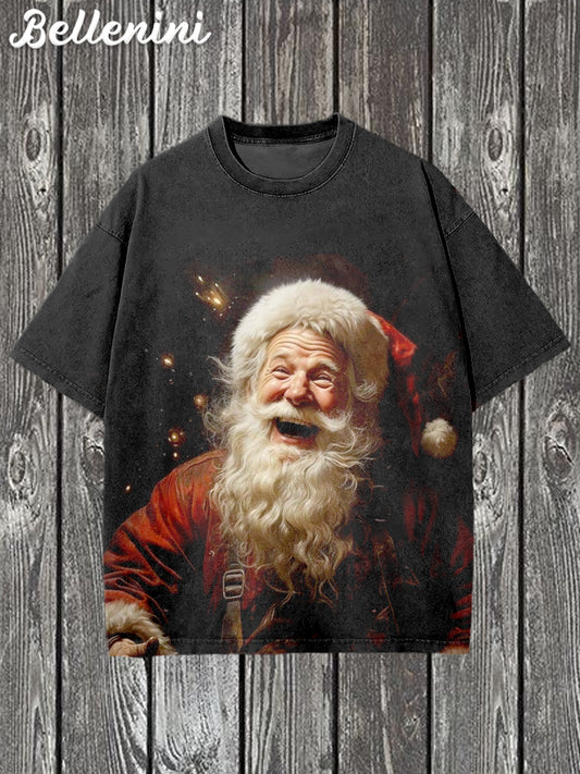 Unisex Retro Christmas Santa Claus Illustration Printed Casual Cotton T-shirt