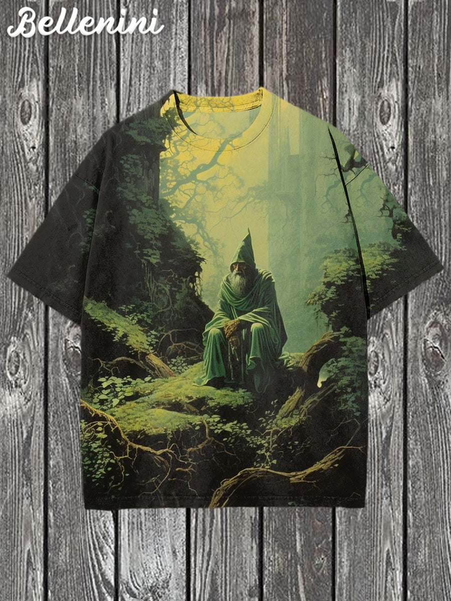 Unisex Retro Halloween Wizard Illustration Printed Casual T-shirt