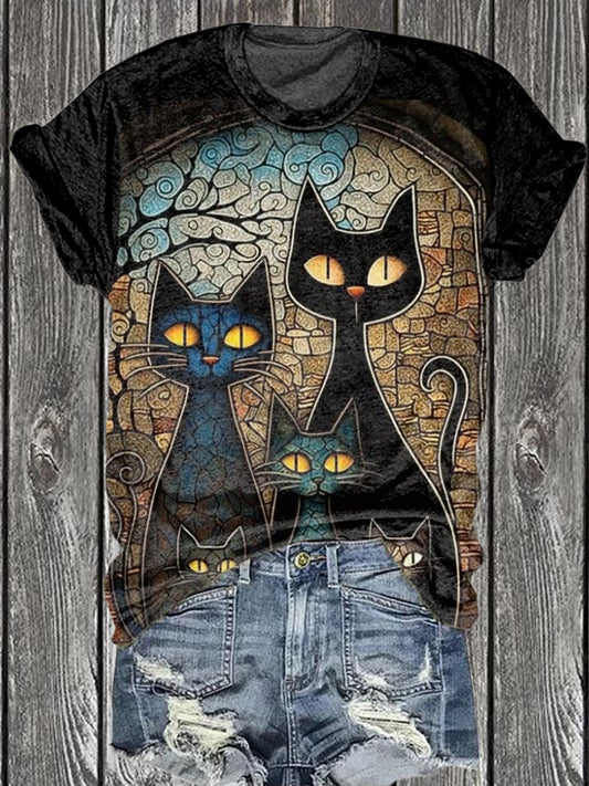 Unisex Vintage Cat Art Illustration Printed Cotton T-Shirt