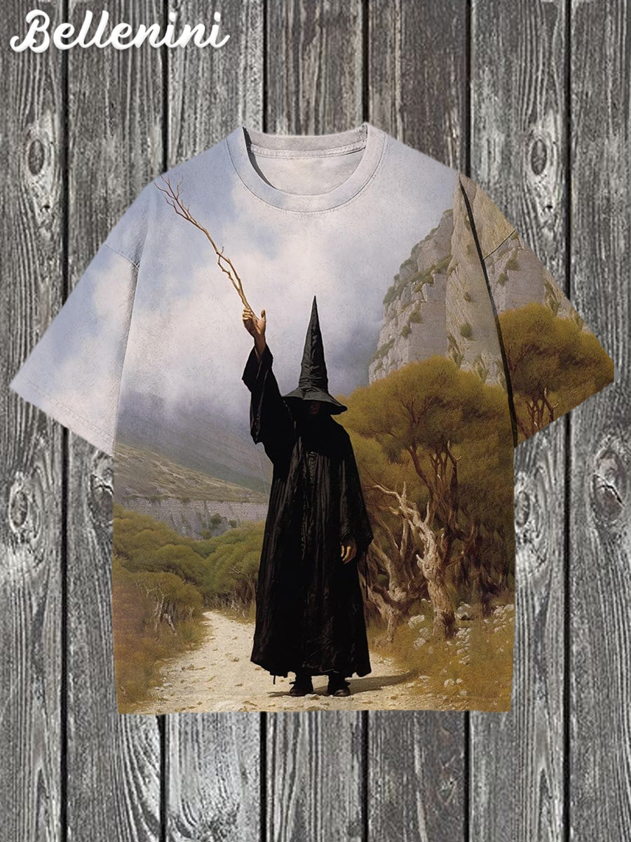 Unisex Retro Halloween Wizard Illustration Printed Casual T-shirt