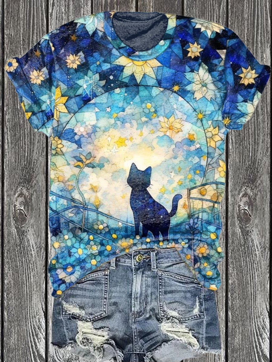 Unisex Cat Art Illustration Printed Casual Cotton T-shirt