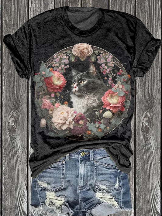 Unisex Vintage Cat Art Illustration Printed Cotton T-Shirt