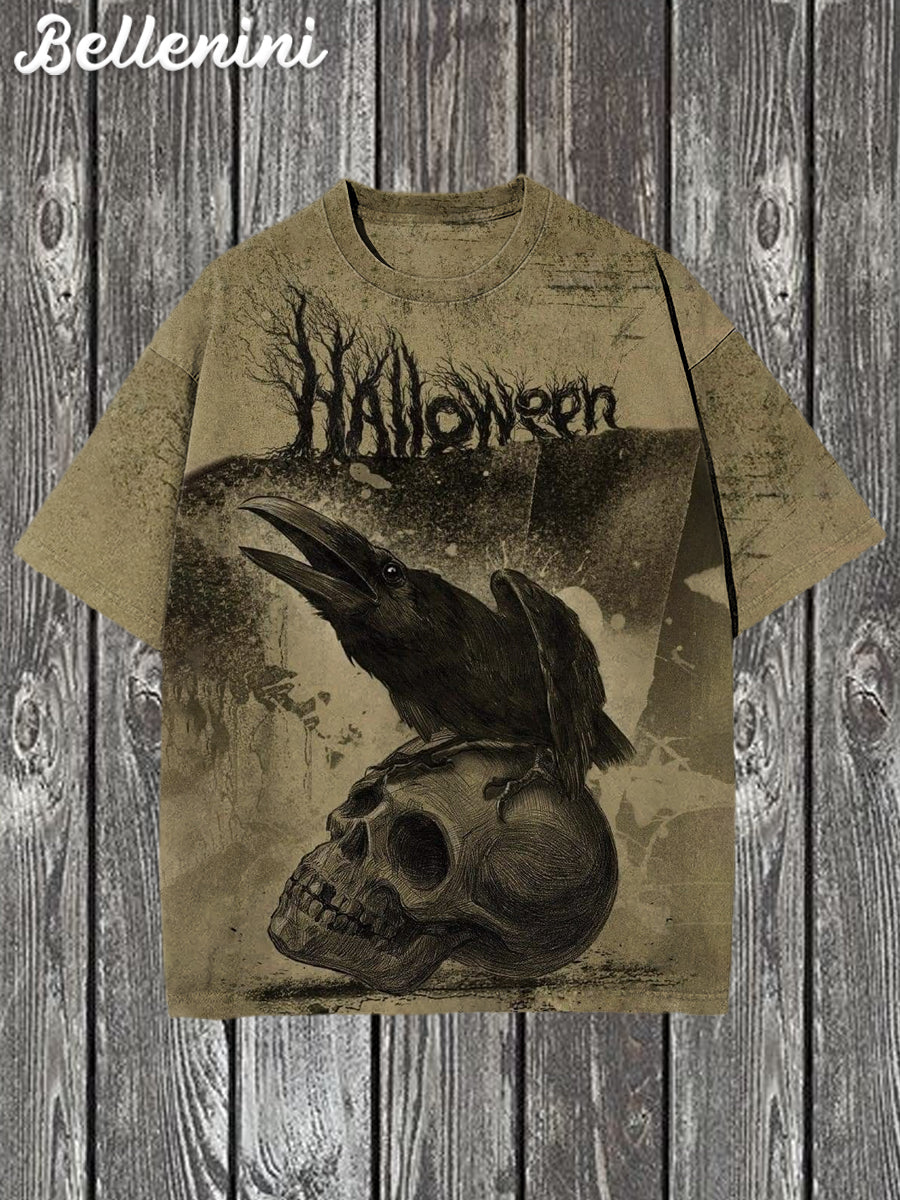 Unisex Vintage Halloween Raven Illustration Printed Casual T-shirt