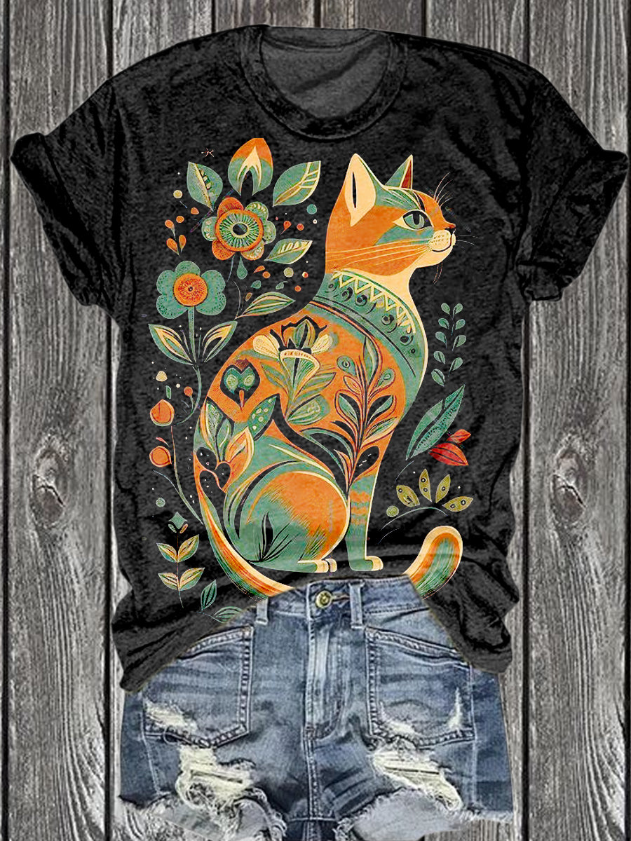 Unisex Vintage Cat Art Illustration Printed Cotton T-Shirt