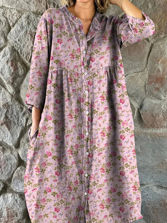 Retro Boho Floral Art Print Vintage Chic V-Neck Button Up Long Sleeve Midi Dress