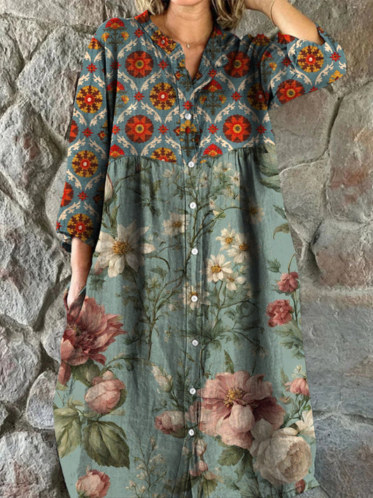 Retro Boho Floral Art Print Vintage Chic V-Neck Button Up Long Sleeve Midi Dress