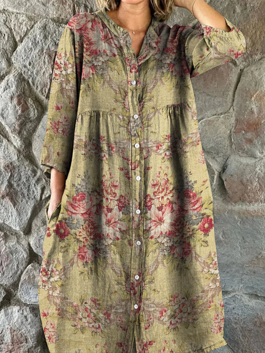 Retro Boho Floral Art Print Vintage Chic V-Neck Button Up Long Sleeve Midi Dress