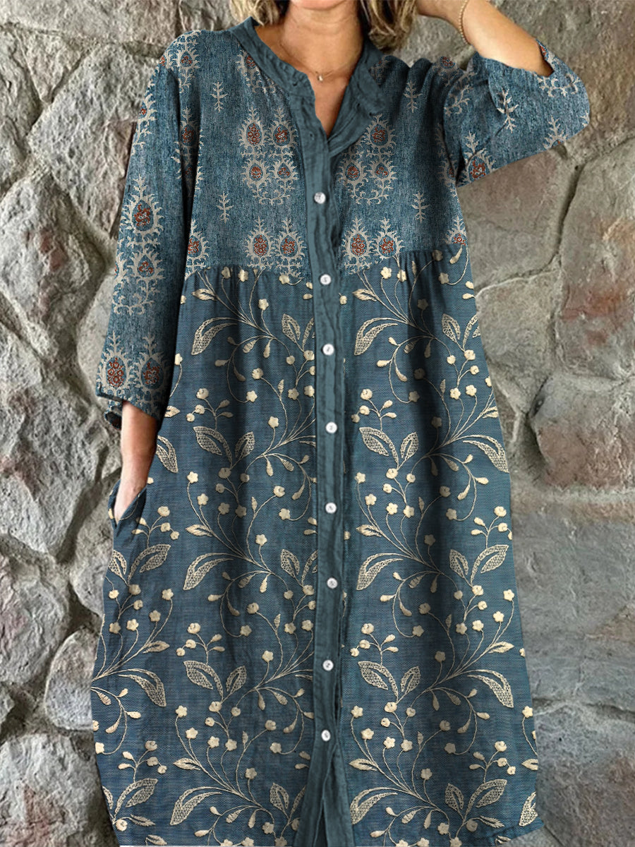 Retro Boho Floral Art Print Vintage Chic V-Neck Button Up Long Sleeve Midi Dress