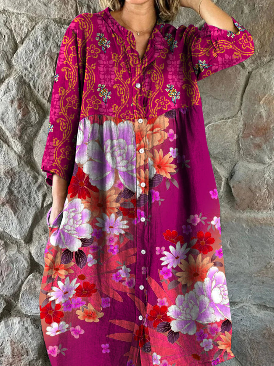 Retro Boho Floral Art Print Vintage Chic V-Neck Button Up Long Sleeve Midi Dress