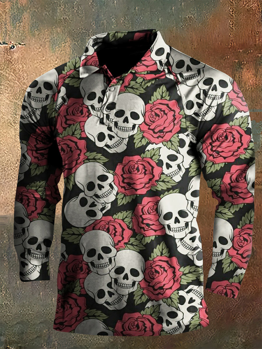 Dark Style Funny Skull Print Long Sleeve Polo Shirt