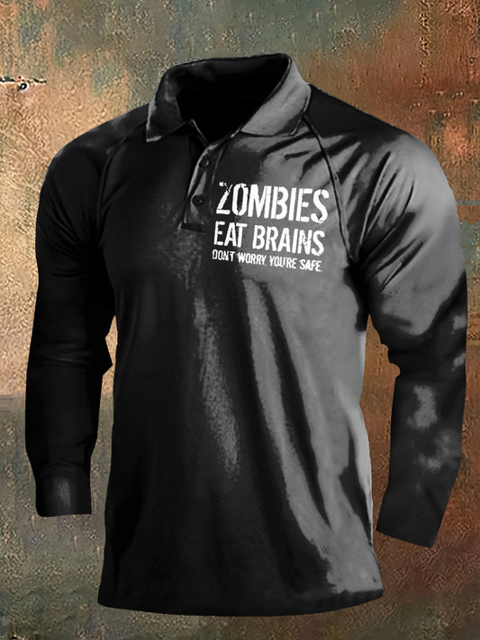 Dark Style Zombies Eat Brains Long Sleeve Polo Shirt