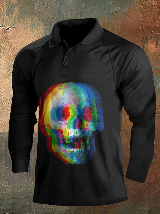 Dark StylePunk Skull Halloween Print Brains Long Sleeve Polo Shirt