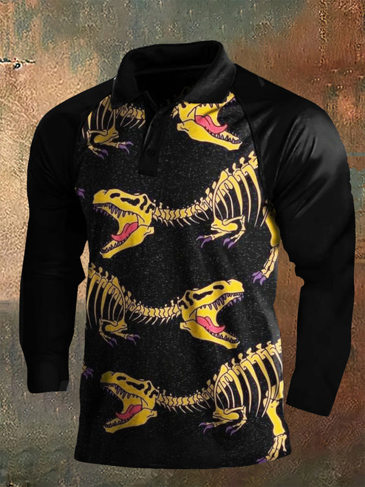 Dark Style Dinosaur Print Long Sleeve Polo Shirt