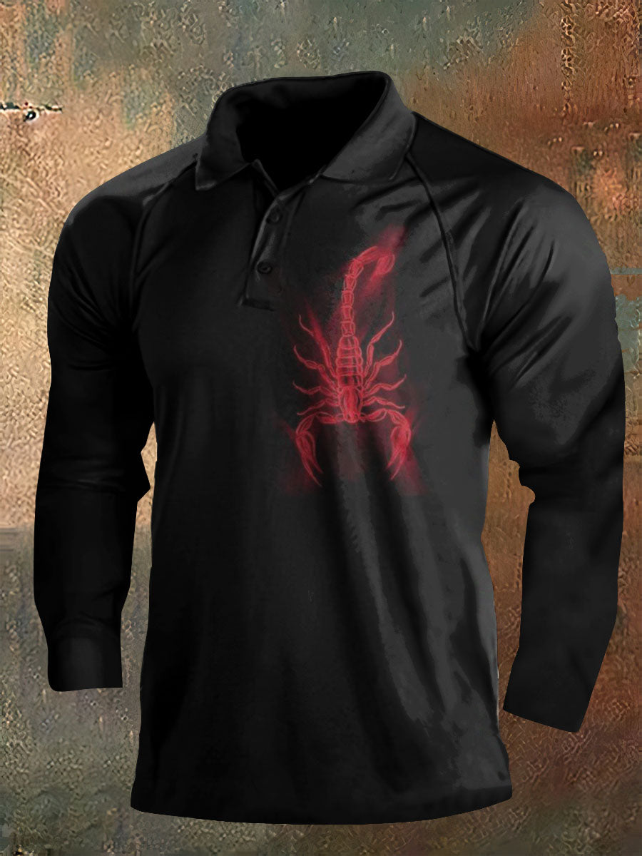 Dark Style Scorpion Print Halloween Long Sleeve Polo Shirt