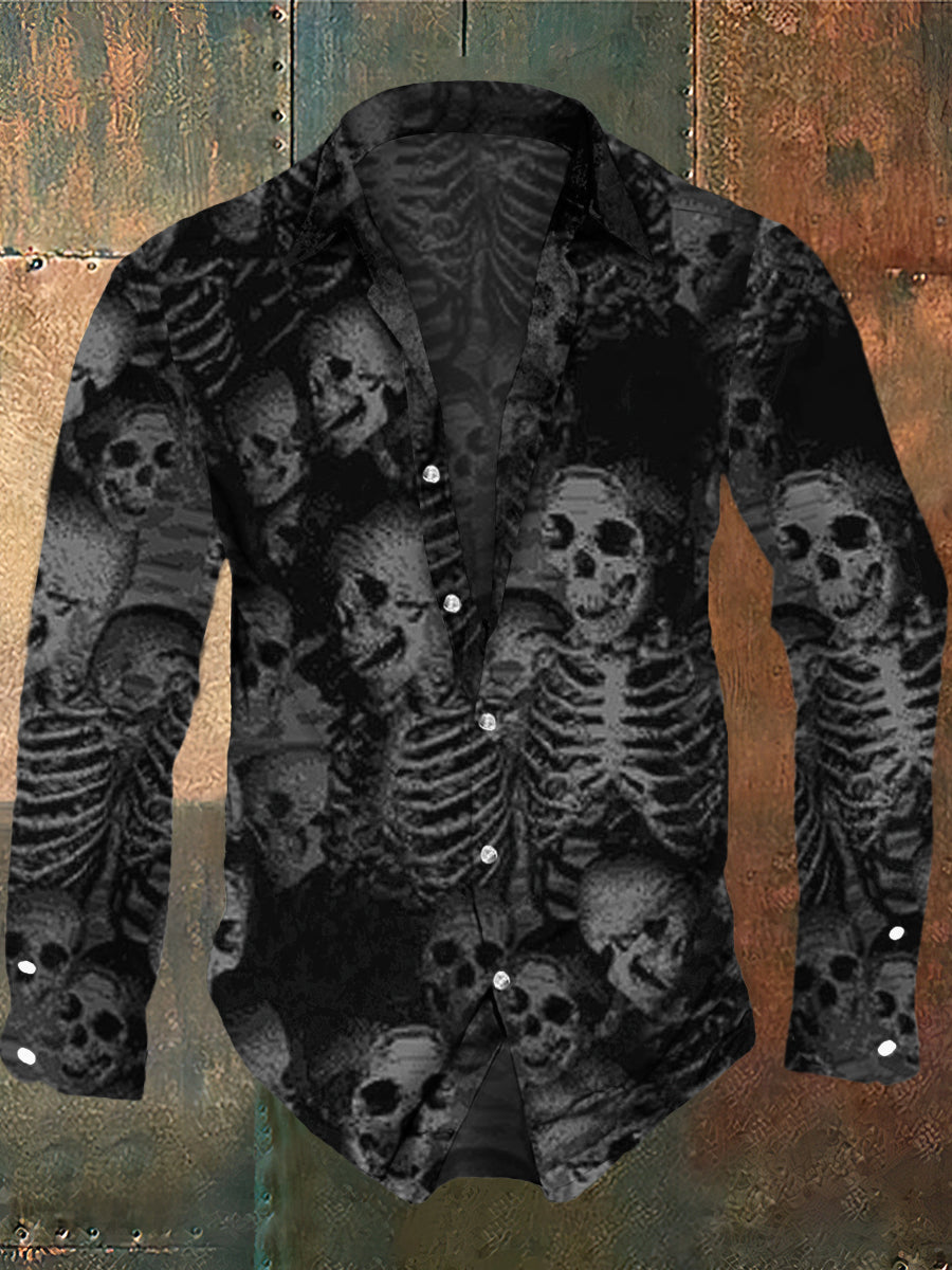 Men's Retro Horror Skull Print Casual Shirt Long Sleeve