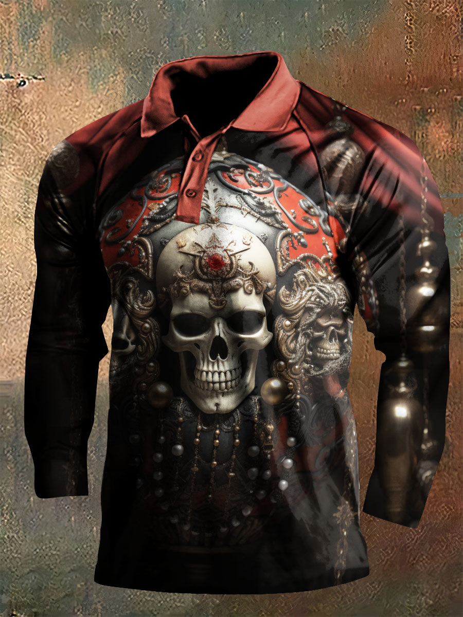 Dark Style Athens Skull Long Sleeve Polo Shirt