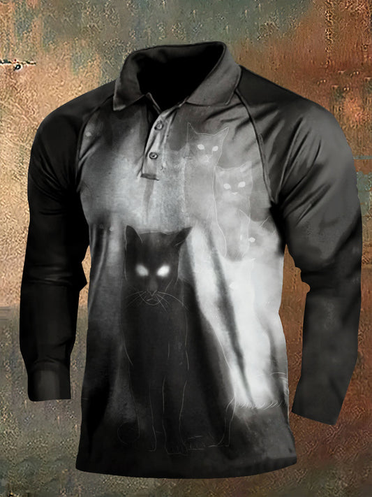 Dark Style Cat And Ghost Print Long Sleeve Polo Shirt