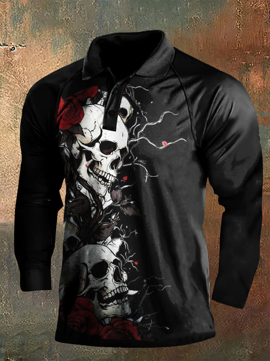 Dark Style Skull Print Long Sleeve Polo Shirt