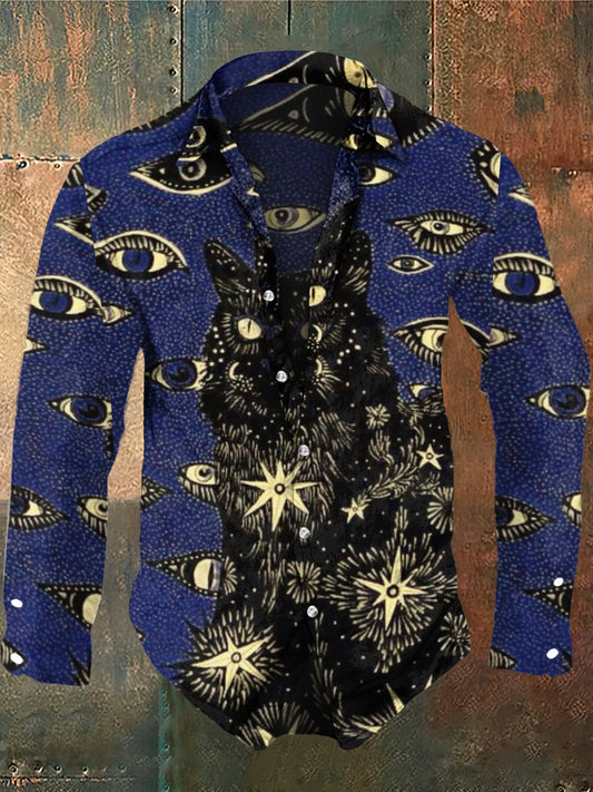 Men's Abstract Cat Print Halloween Casual Shirt Long Sleeve