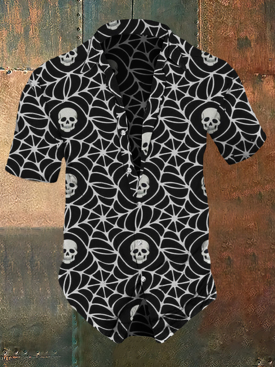 Men's Spider Web Skull Print Casual Vintage Shirt