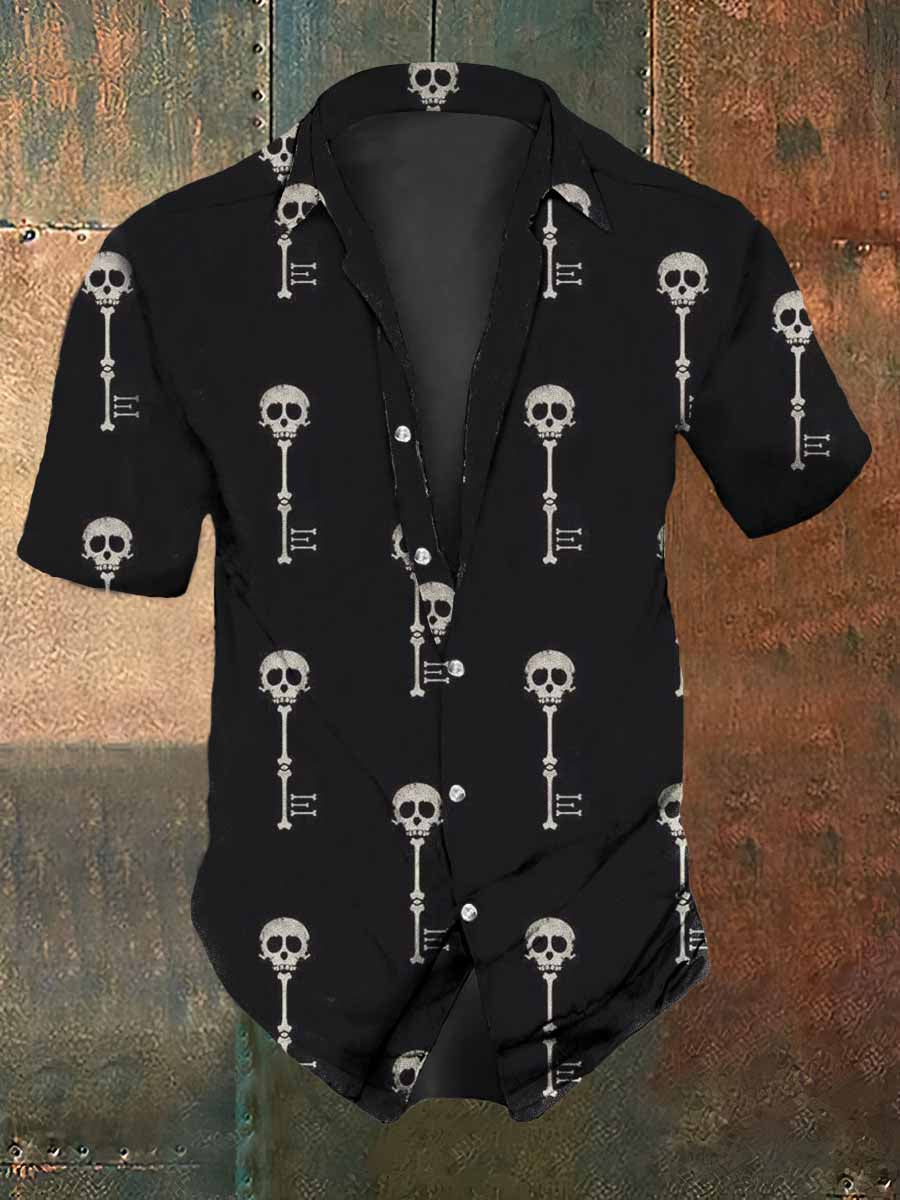 Men's Retro Dark Style Skull Key Print Casual Vintage Shirt