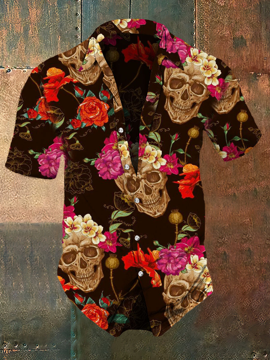 Men's Floral Skull Print Casual Vintage Shirt